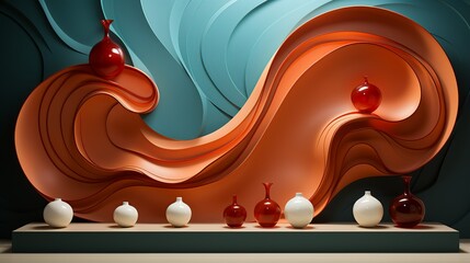 A captivating display illustration showcasing products on a marble stand against a backdrop of abstract lines and shapes, adding sophistication to the retail presentation.