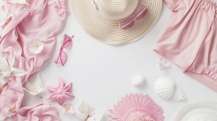 A pink and white beach scene with a hat, sunglasses, and a flower