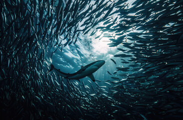 A shark swimming through an enormous school of sardines, creating a mesmerizing scene that...