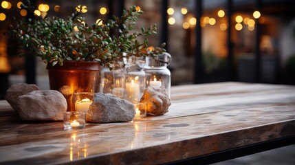 A retail background with blurred bokeh lights adding ambiance to a table with a stone or concrete top, providing an inviting setting to showcase products in a sophisticated environment.