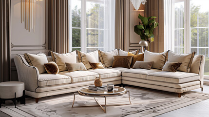 Fototapeta premium classic beige sectional sofa adorned with luxurious champagne throw pillows