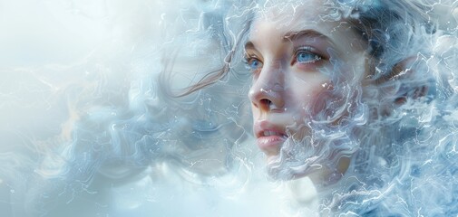 Artistic portrayal of a woman surrounded by ethereal, swirling mist with a serene expression, blending seamlessly with the dream-like atmosphere.