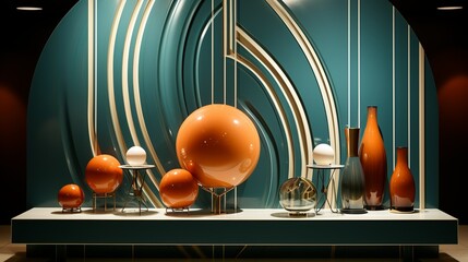 A captivating display illustration showcasing products on a marble stand against a backdrop of abstract lines and shapes, adding sophistication to the retail presentation.