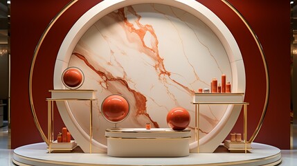 A captivating display illustration showcasing products on a marble stand against a backdrop of abstract lines and shapes, adding sophistication to the retail presentation.