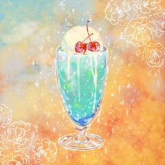 クリームソーダ　アイス　さくらんぼ　イラスト　絵本　