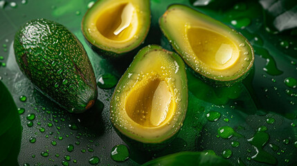 Sliced avocado on a dewy green background.
