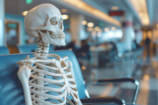 A plastic skeleton sits in an airport, waiting for its flight.