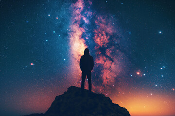 silhouette of man standing on top of mountain on background of a starry night sky with bright Milky way and stars