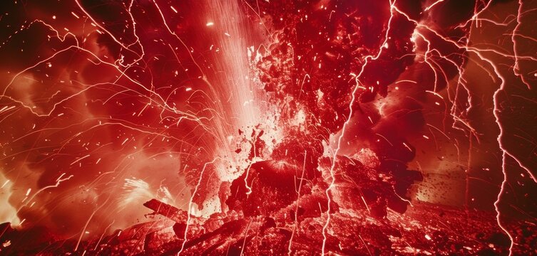 A scene of chaos as fiery red and bright white clash in the form of volcanic lightning during an eruption.