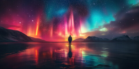 silhouette of people standing on ice of a lake on the background of bright colorful polar northern lights in night starry sky