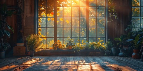 The sun shines through windows of a plantfilled room