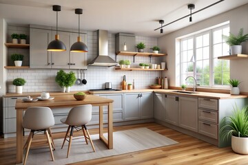 middle-size low-cost modern kitchen  in the interior, Unsplashed photos style. Photoreal detailed