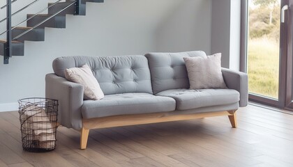 Modern Comfort: Scandinavian Home Interior with a Cute Grey Sofa"
