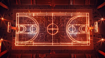 A basketball court with a glowing red background