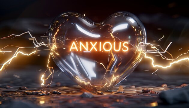 A heart made of glass with the word anxious written on it