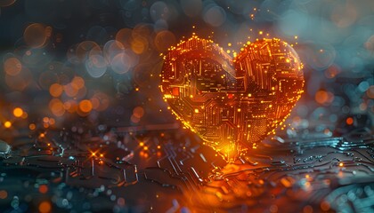 A heart made of electronic components is lit up with a bright orange glow