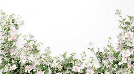 copy space background with flowers. white plain wall with little flowers frame