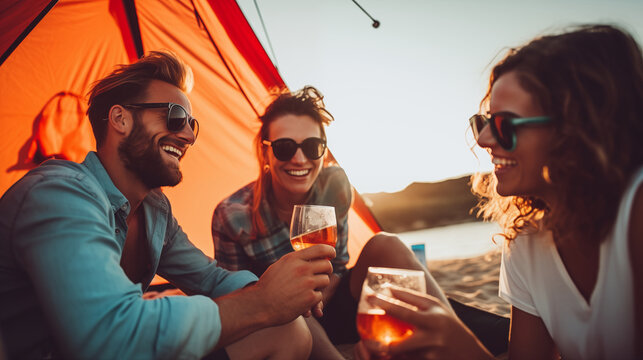 Diverse people drinking near the tent on the beach.