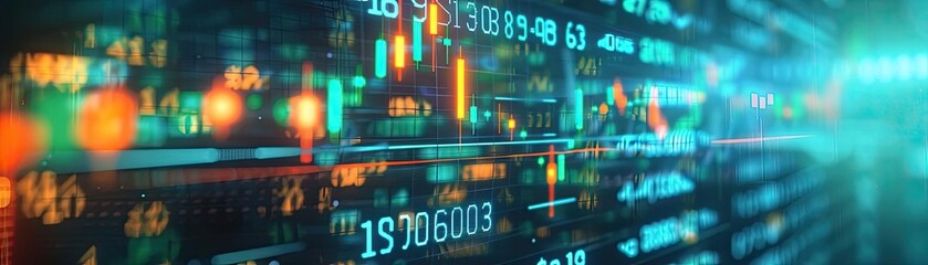 Digital financial data with stock market numbers and graph reflecting modern technology and investment trends.