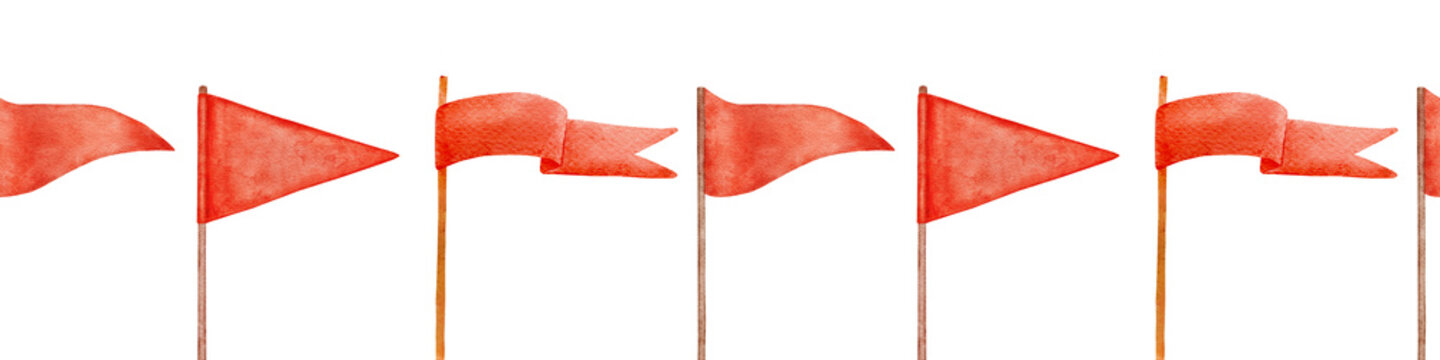 Seamless border with watercolor red flags. Hand drawn graphic endless backdrop on transparent background.
