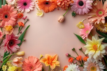 Obraz premium Vibrant flower frame with assorted blooms arranged neatly on a pastel background.