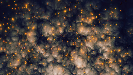 Abstract bright fiery sparks and dark gray bonfire smoke with fire, abstract background