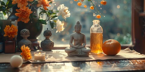 Serene Meditation Space Decor with Buddha Statue, Flowers, and Aromatic Candlelight