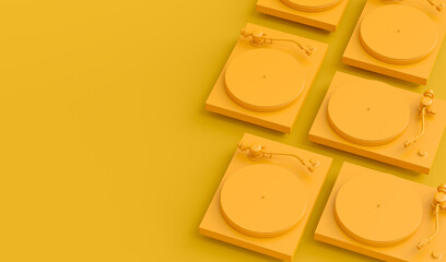 Set of vinyl record player or DJ turntable with retro vinyl disk on monochrome