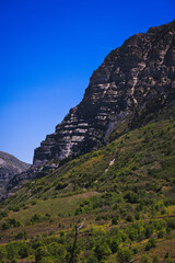 Obraz premium A mountain with a blue sky in the background. The mountain is covered in trees and has a rocky surface