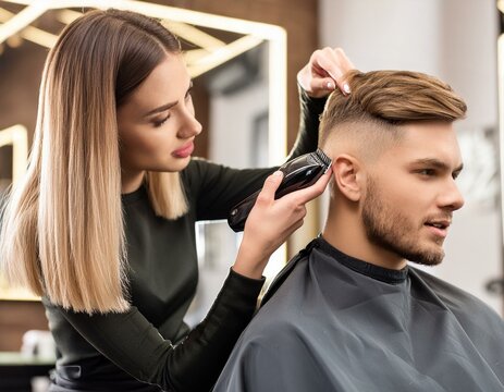 Peluquera cortando el pelo a un joven apuesto