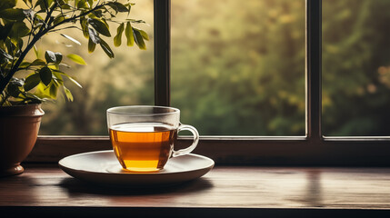 A glass cup of hot tea on a wooden table beside a window.