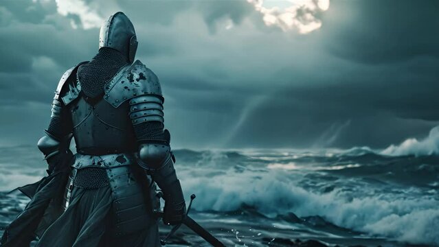 A knight in armor stands before a stormy sea under a brooding sky