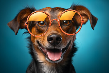 Dog wearing sunglasses. Happy dog with sunglasses. Portrait of smiling dog wearing sunglasses. Happy pet concept