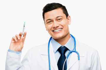 Doctor, portrait and man with syringe in studio for healthcare, medicine or vaccine on white...