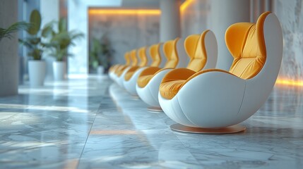 Modern seating area with elegant yellow chairs in a stylish, minimalistic interior. Ideal for contemporary, luxury design concepts.