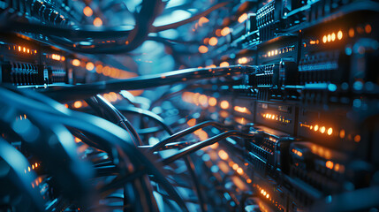 A backdrop of a server room with network cables and lights, network, dynamic and dramatic compositions, with copy space - Powered by Adobe