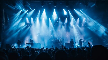 A live concert scene with a band performing under dramatic blue stage lighting, captivating an enthusiastic audience
