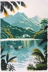 minimalist woodcut painting. The scene is of Situated beside the lake and stretching into the distance are the mountains. At the foot of the mountains, you can vaguely see  