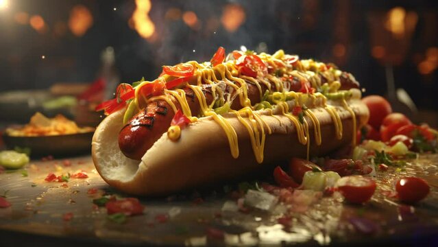 Video recreation of a big hot dog with ketchup and mustard	