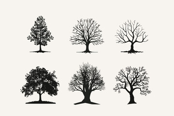 Silhouette tree set. Side view, set of graphic trees elements outline symbol for architecture and landscape design drawing. Vector illustration	