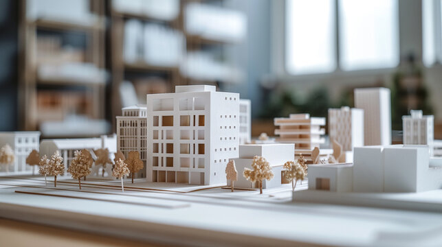 Detailed architectural model showcasing modern urban buildings with a focus on clean lines and minimalistic design, perfect for city planning and development concepts.