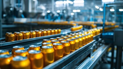 The factory produces canned beer on a conveyor belt