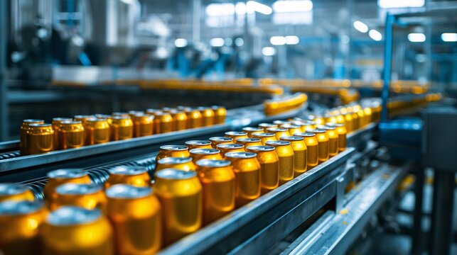 The factory produces canned beer on a conveyor belt