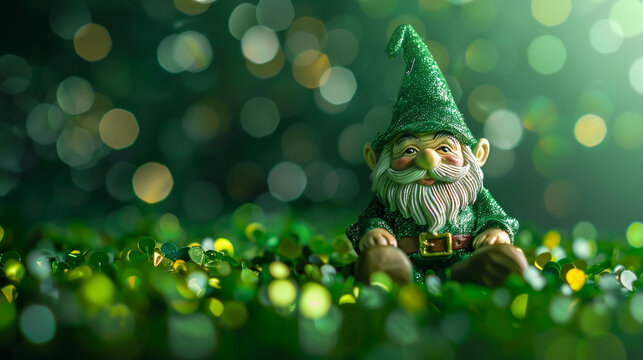 Gnome on green glitter bokeh lights for St. Patrick's Day backdrop.