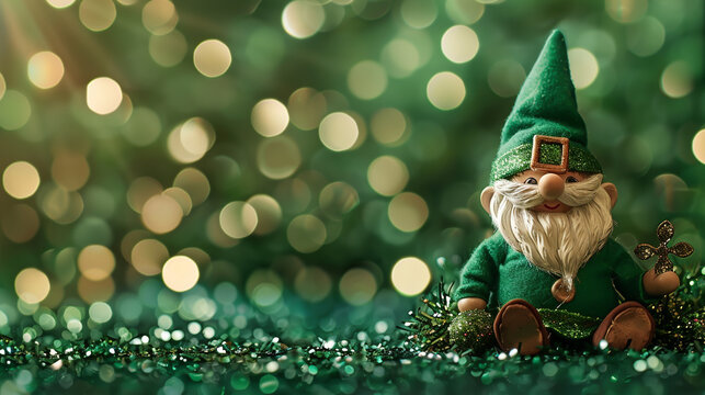 Gnome on green glitter bokeh lights for St. Patrick's Day backdrop.