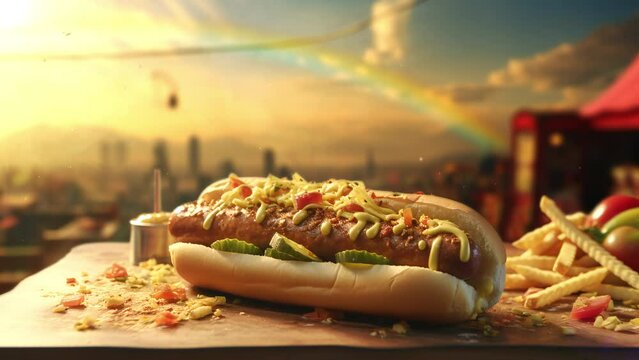 Video recreation of a tasty hot dogs in a table in a terrace	