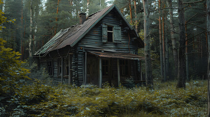 An old abandoned broken wooden house in the middle of the forest like a scene from a western movie. Concept of horror with ghosts.&nbsp;