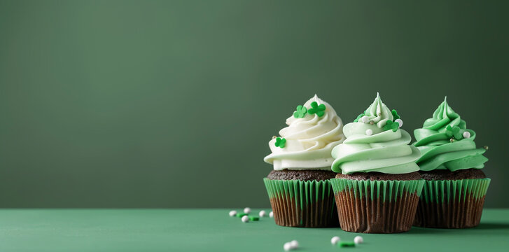 Three St. Patrick's Day cupcakes adorned with green and white frosting - Powered by Adobe
