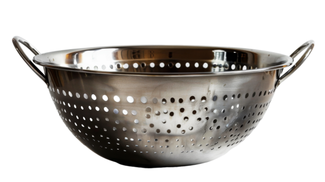A metal colander with a handle placed on a plain white background