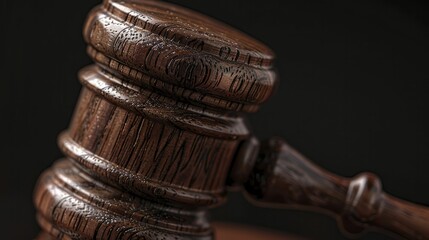 Judicial gavel macro, close-up of a courtroom gavel with intricate wood textures, emphasize details
